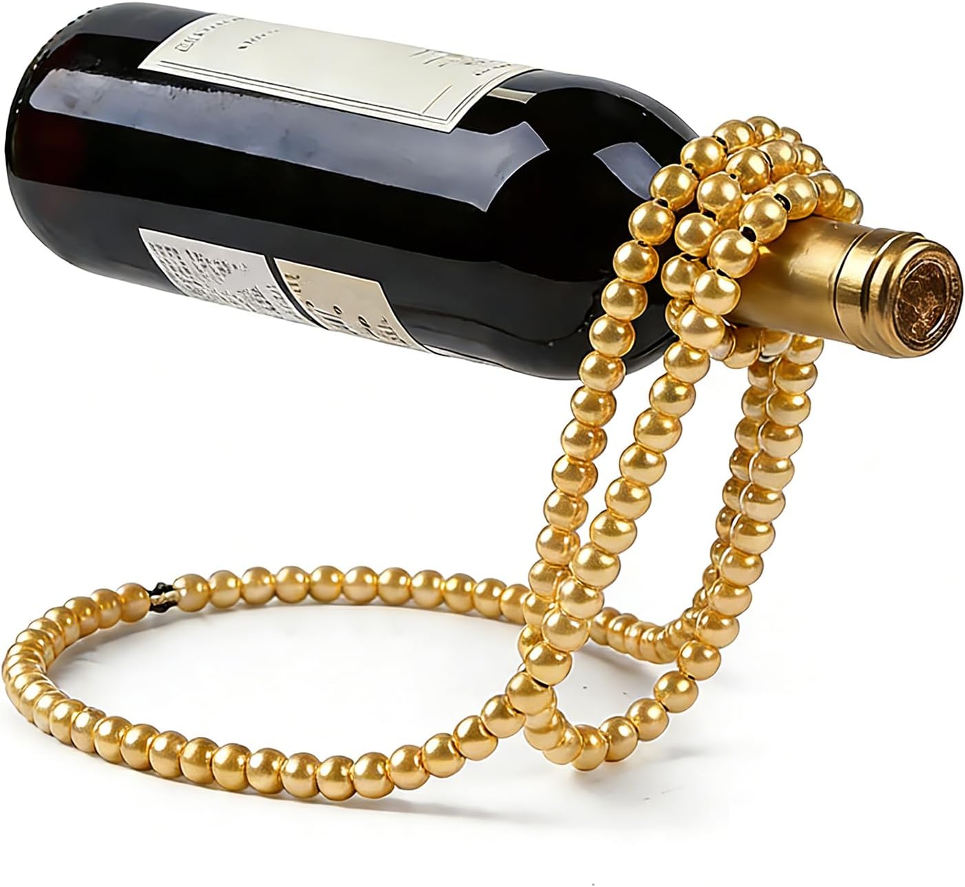 Artificial Pearl Necklace Wine Rack, Floating Countertop Wine Bottle Holder, Elegant Decor for Home Bar Kitchen & Living Room(Gold)