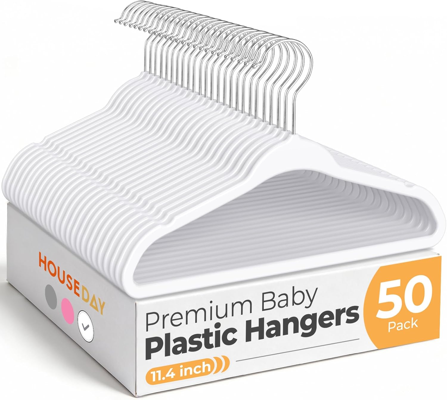 HOUSE DAY 11.4 Inch Baby Hangers 50 Pack - Plastic Kids Hangers Space Saving Thin Profile, Children Closet Organizers with Rotatable Hook of 360°, Heavy Duty for Toddler Clothes Nursery - White