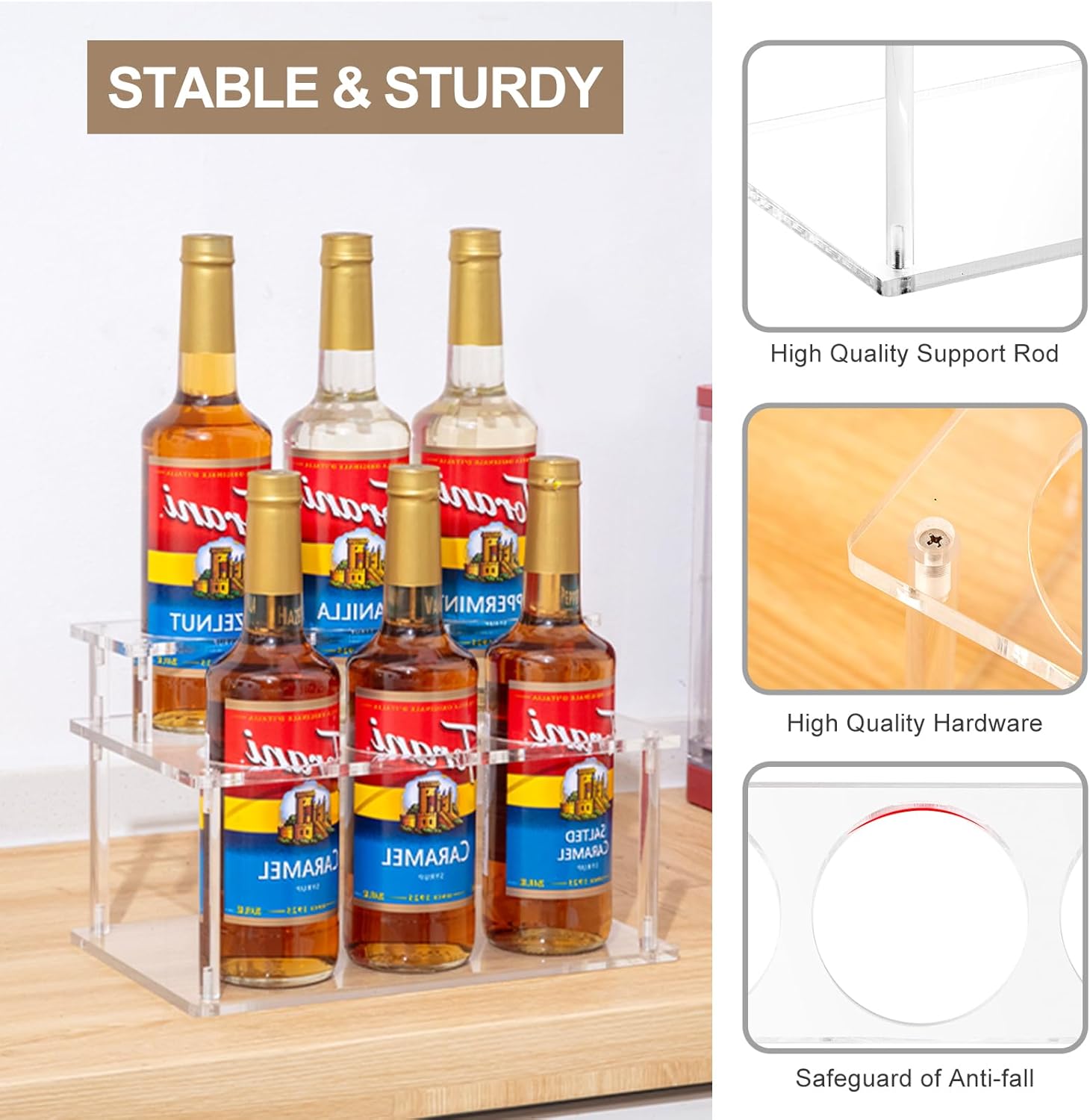 Acrylic Coffee Syrup Organizer, 2 Tier Coffee Syrup Rack (6 Bottle Capacity), Syrup Bottle Holder Stand for Coffee Bar, Kitchen Countertop Syrups, Condiments and Wine (Transparent)