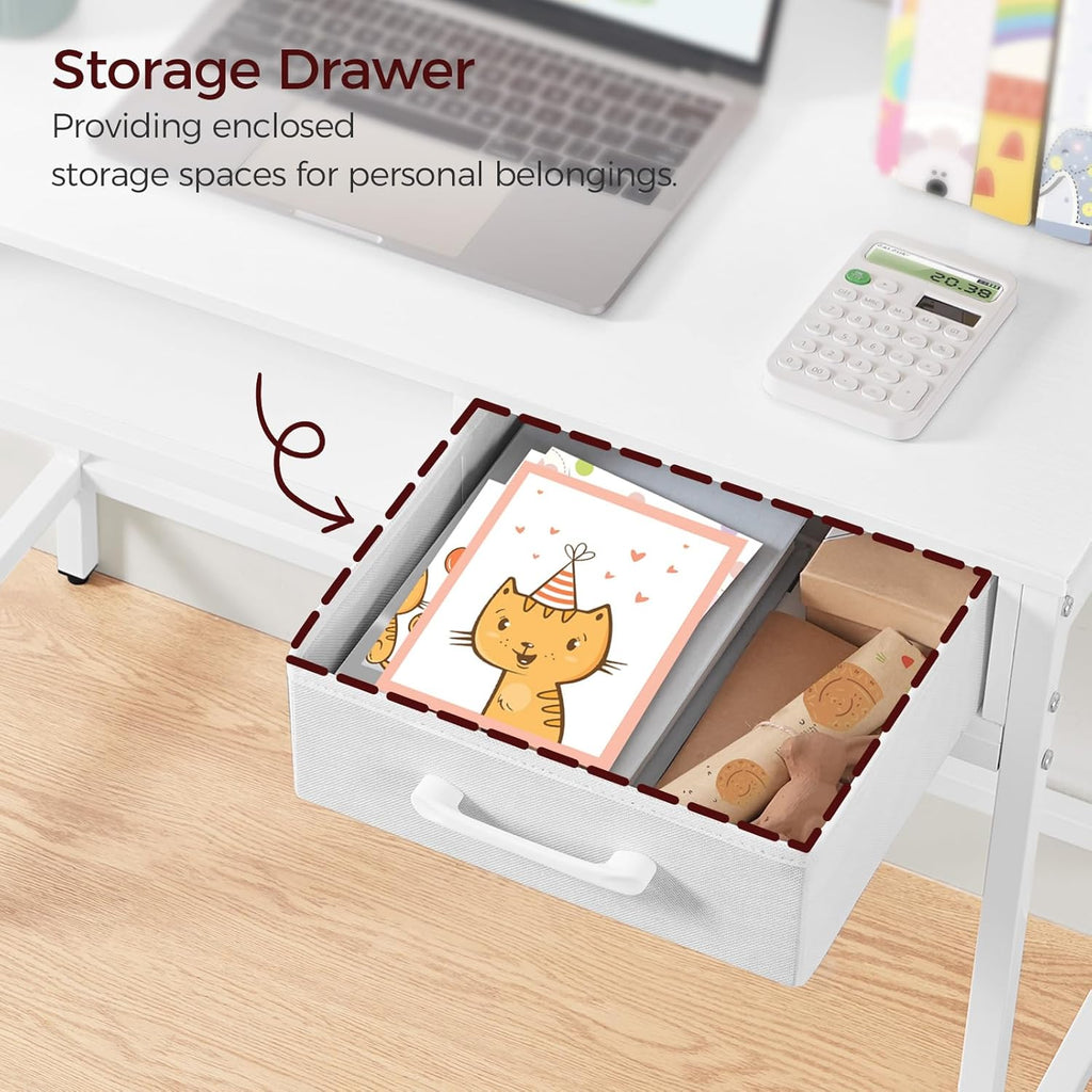 MAHANCRIS Kids Desk and Chair Set, Student Writing Desk, Kids Study Desk with Book Sorter and Fabric Drawer, Kids Wooden Study Table, for Study, Kids Room, Bedroom, White KDBW11901N1