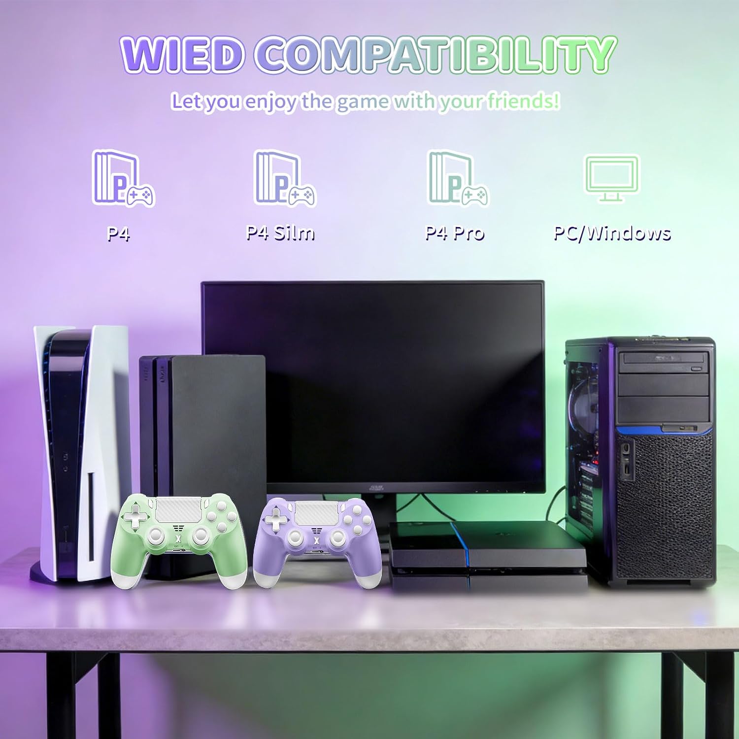 Puiseno Wireless Controller for PS-4, Dual Vibration Game Joystick/Motion Sensing/Touchpad/Speaker/3.5mm Audio Jack Headphone, Upgraded Six-Axis Sensor, Compatible with PS4/Slim/Pro Console/PC (green+purple)
