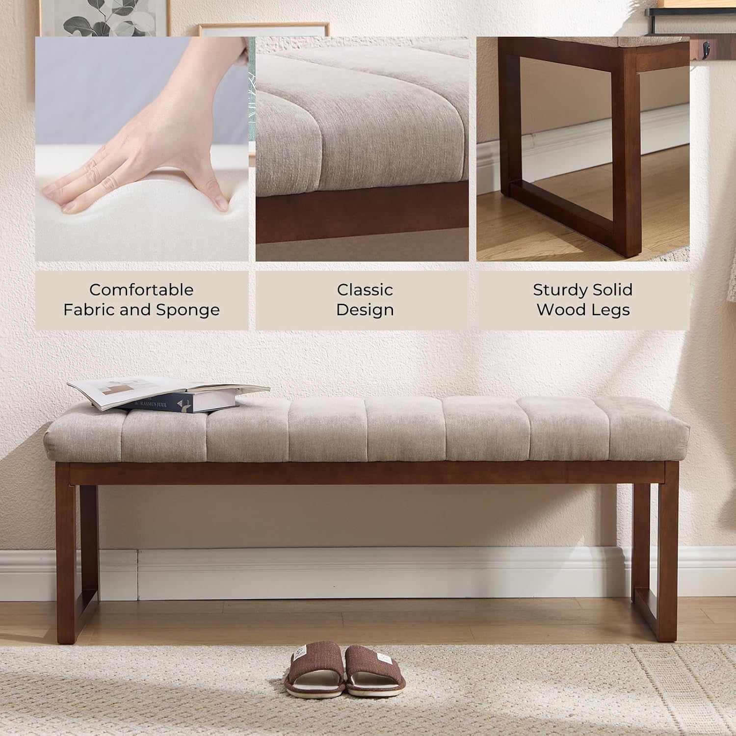 Bedroom Bench for End of Bed, 53.2" Modern Upholstered Chenille Fabric Entryway Bench & Window Bench, Footrest Stool Bench with Solid Wood Frame for Bedroom Living Room, Camel