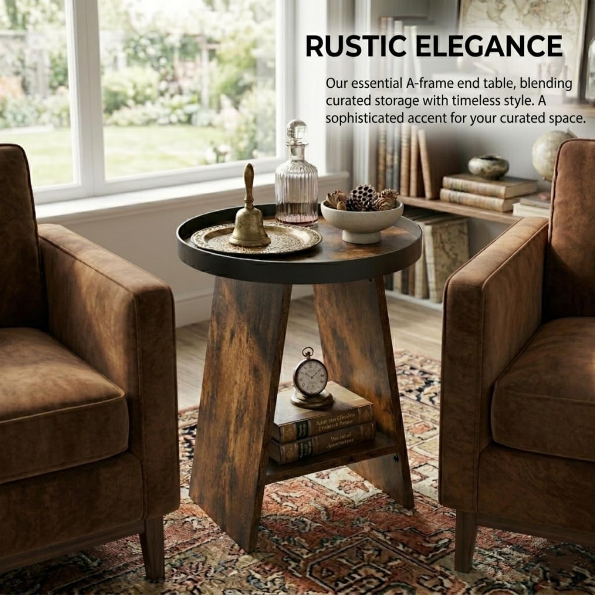 Round End Table with Tray Top, 2-Tier Rustic Side Table with Storage Shelf, Modern Farmhouse Industrial Wood Nightstand for Living Room, Bedroom, Small Spaces (Rustic Brown)