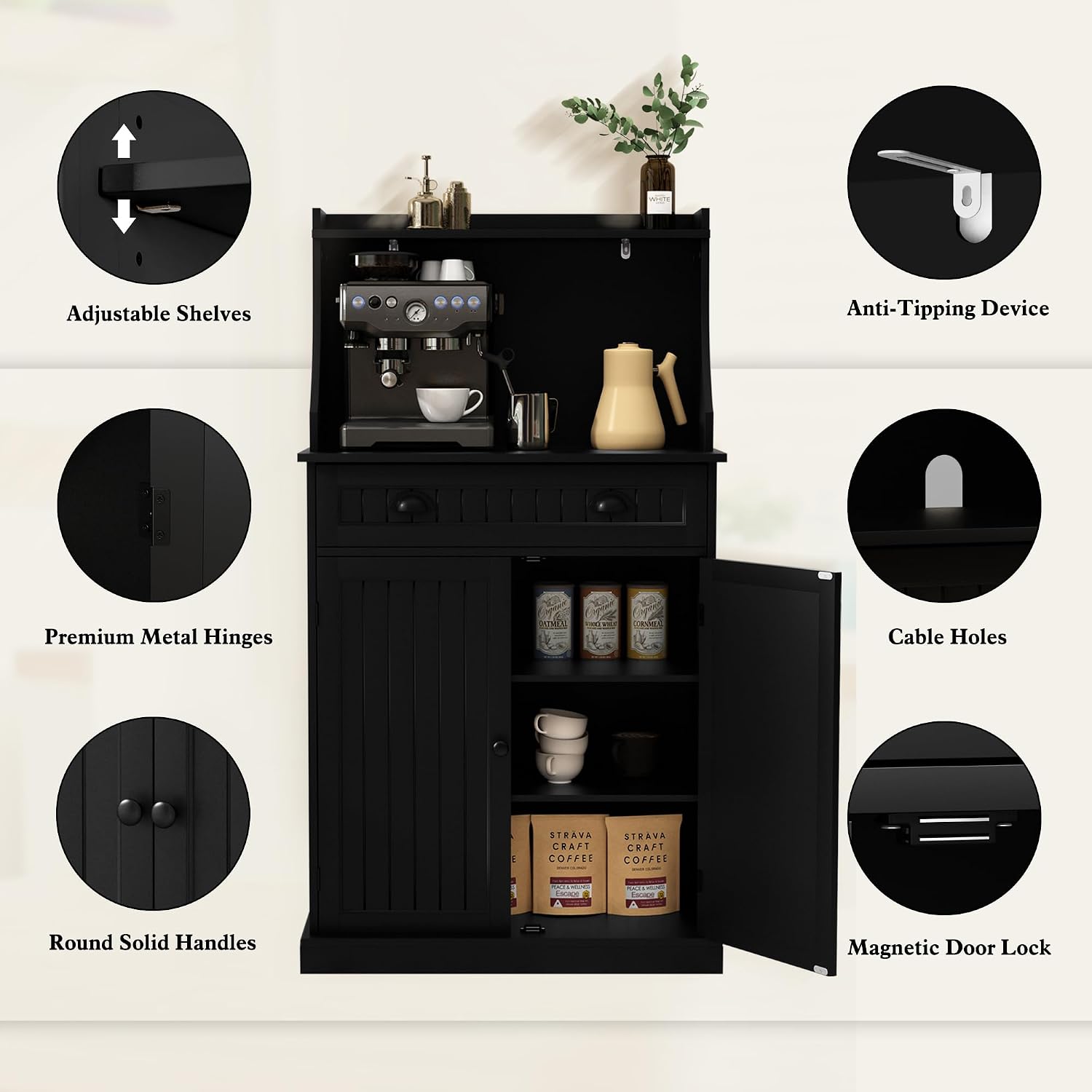 ARTPOWER 54" Kitchen Microwave Cabinet/Stand with Storage and Drawers, Pantry Storage Cabinet with Hutch & Adjustable Shelves for Kitchen, Dining Room, Living Room, Hallway in Black