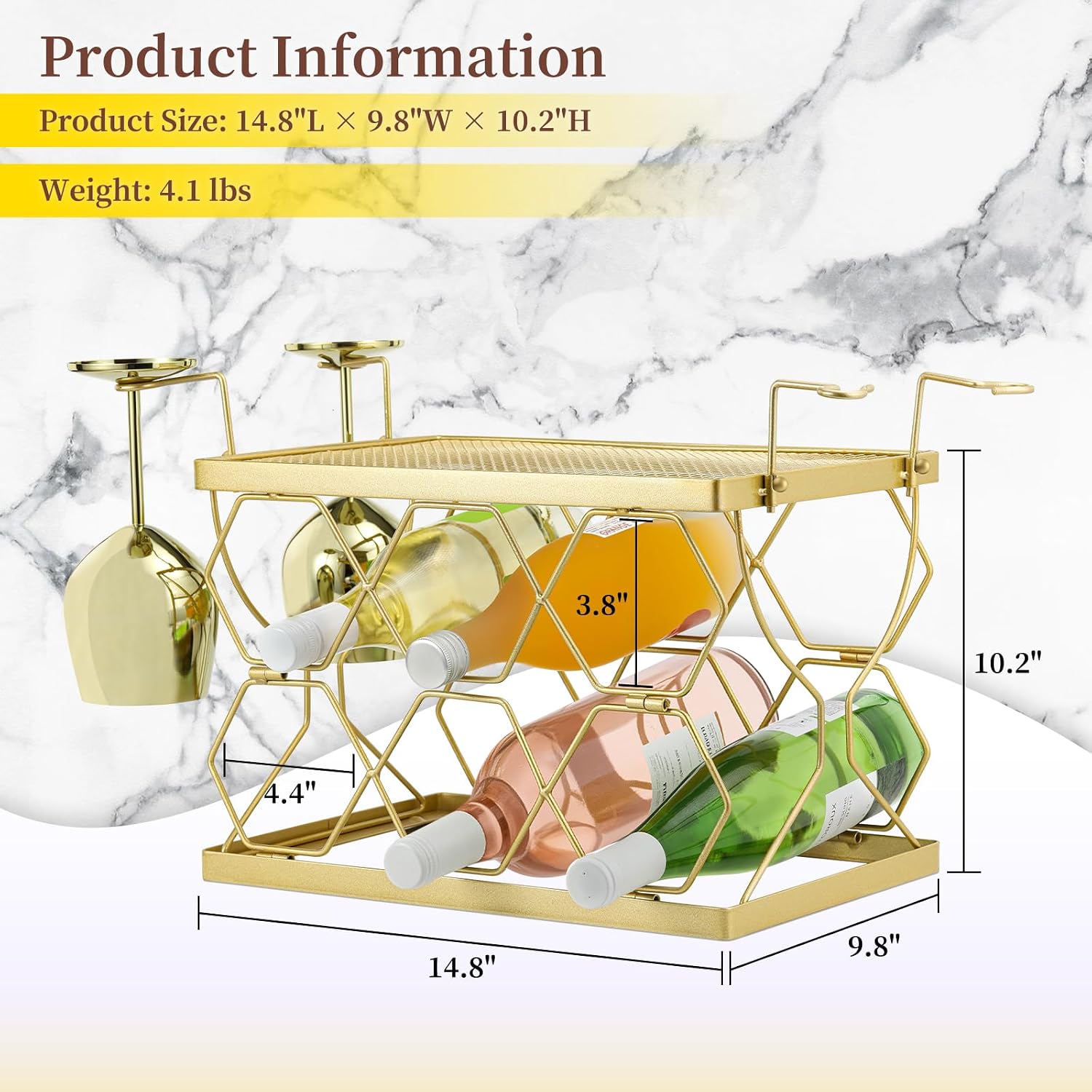 Countertop Wine Rack Organizer - Holds 6 Oversized Bottles & 4 Glasses | Freestanding Small Metal Bottle Holder, Perfect for Home Décor, Kitchen Storage and Cabinet | No Assembly（Gold）
