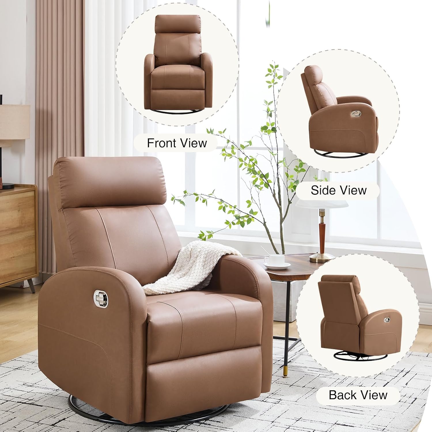 Swivel Rocker Recliner Chairs, Manual Faux Leather Recliners, 360° Swivel Nursery Reclining Chair Glider Rocking Recliner with Adjustable Headrest Highback for Living Room, PU Coffee
