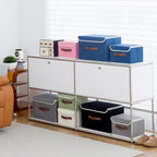 Collapsible Storage Boxes Baskets with Lid Cotton Linen Fabric Storage Bins with Faux Leather Handles Decorative Washable Cube Organizer Container for Home Closet Bedroom (Blue, Small Size)