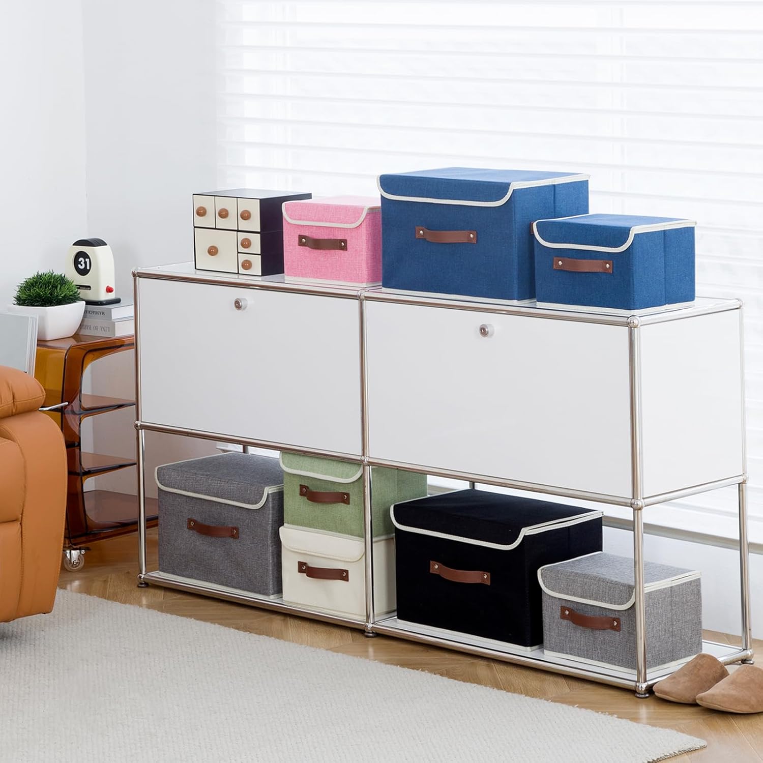 Collapsible Storage Boxes Baskets with Lid Cotton Linen Fabric Storage Bins with Faux Leather Handles Decorative Washable Cube Organizer Container for Home Closet Bedroom (Blue, Small Size)