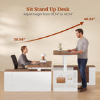 UPOSOJA L Shaped Standing Desk Adjustable Height, 53" Electric Office Desk with File Drawers & Storage Shelves, Sit Stand Corner Computer Desk with Power Outlets, Pegboard, 6 Hooks, White& Walnut