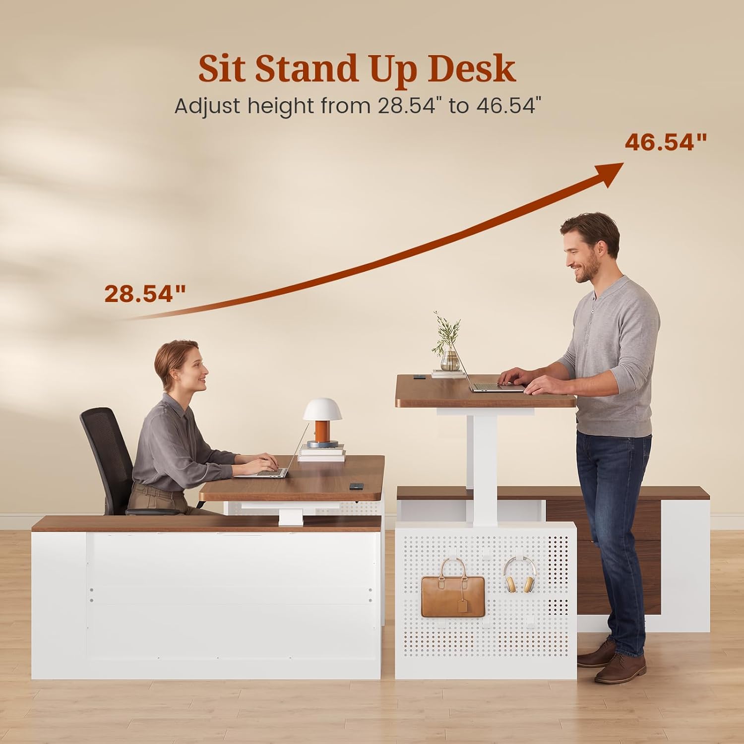 UPOSOJA L Shaped Standing Desk Adjustable Height, 53" Electric Office Desk with File Drawers & Storage Shelves, Sit Stand Corner Computer Desk with Power Outlets, Pegboard, 6 Hooks, White& Walnut