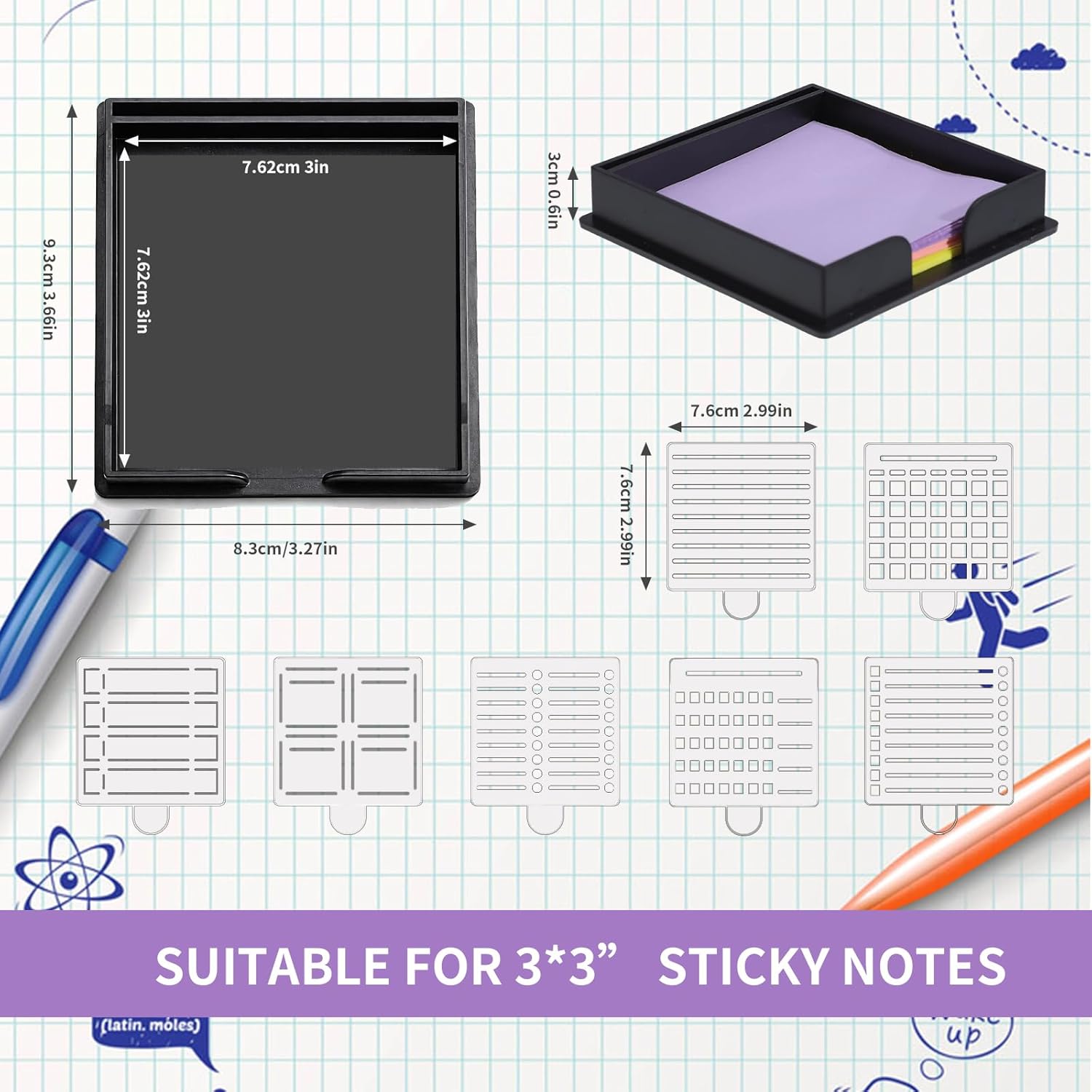 BESARME Sticky Note Holder 3x3 Sticky Note Stencil with 7 Template, Sticky Note Stencil and Holder Note Dispenser for Desk Home Office