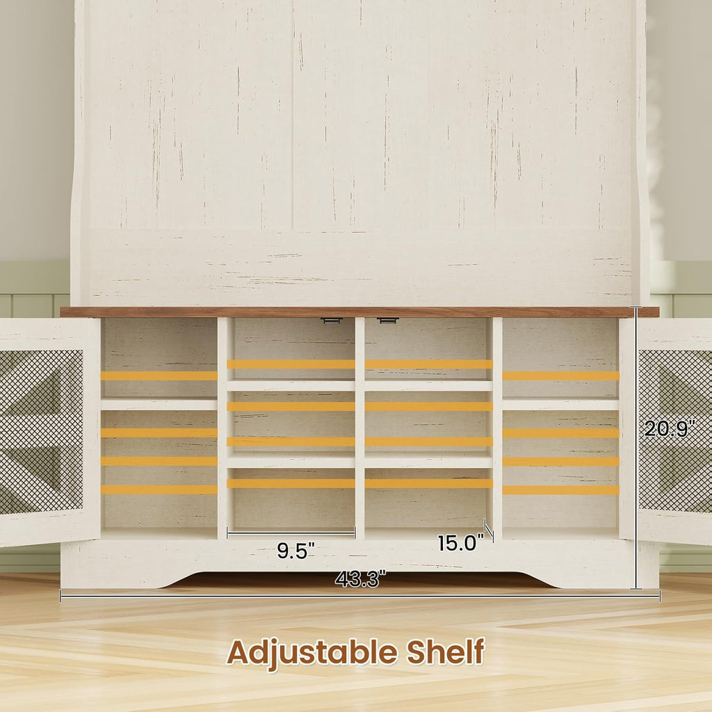 Itaar Hall Tree with Bench and Shoe Storage, 5-in-1 Entryway Bench with Coat Rack, 10 Shoe Cubbies & 9 Coat Hooks, Barn Door & Adjustable Shelf (White)