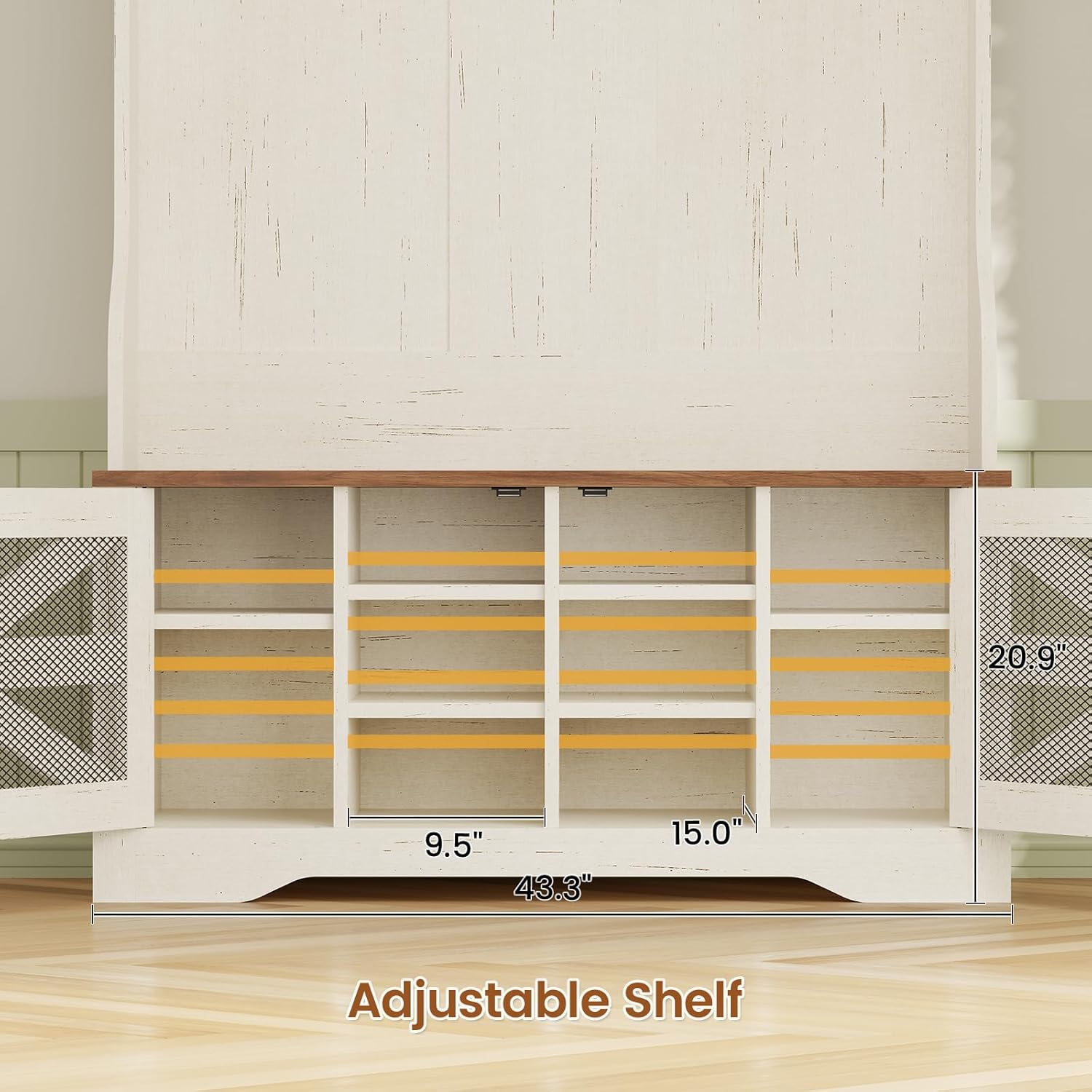 Itaar Hall Tree with Bench and Shoe Storage, 5-in-1 Entryway Bench with Coat Rack, 10 Shoe Cubbies & 9 Coat Hooks, Barn Door & Adjustable Shelf (White)