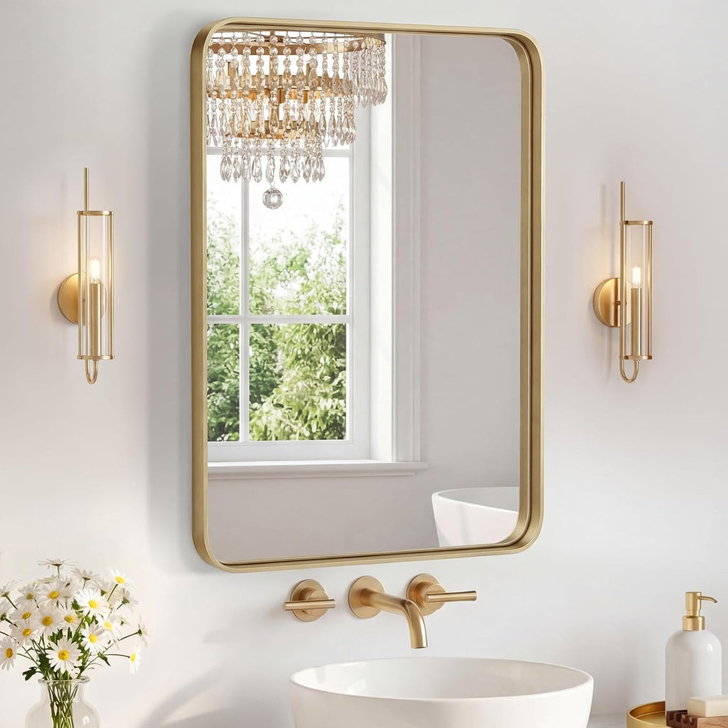 OLIXIS Bathroom Mirror for Over Sink, 30x22 Inch Wall Rounded Rectangle Mirror with Matte Metal Framed, Modern Wall Mount Vanity Mirrors for Home Decor, Living Room, Bedroom, Gold