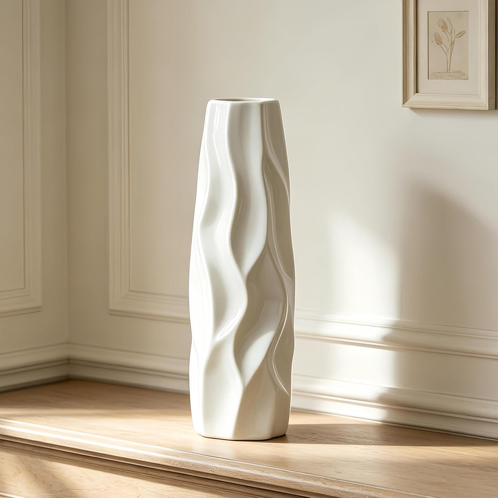 12 Inch White Vase Ceramic Flower Vase, Tall Vases for Pampas Grass, Home Decor, Modern Textured Vases for Living Room Decorations,Table Centerpieces,Shelf,Farmhouse Small Ceramic Vase