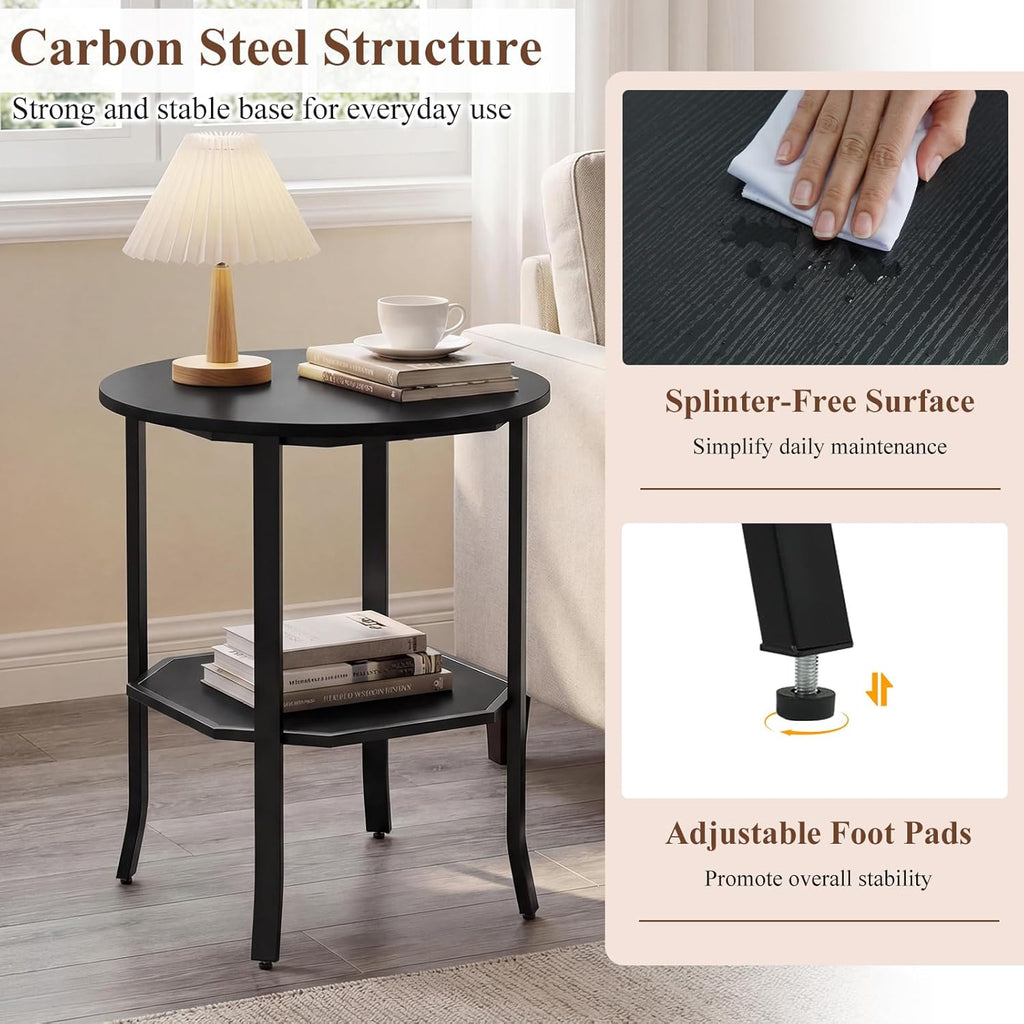 GOFLAME 2-Tier Round End Table, 20” Couch Sofa Side Table with Octagonal Storage Shelf & Metal Frame, Industrial, Modern Bedside Tables, Compact Nightstand for Living Room, Bedroom (Black,1)