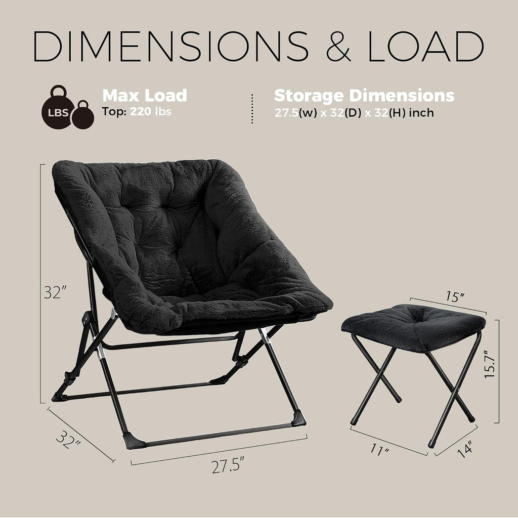 Walsham Folding Comfy Chair with Ottoman, Faux Fur Soft Cozy Lounge Reading Papasan Chair with Footrest for Adults Kids Bedroom Living Room Dorms Small Space, Black
