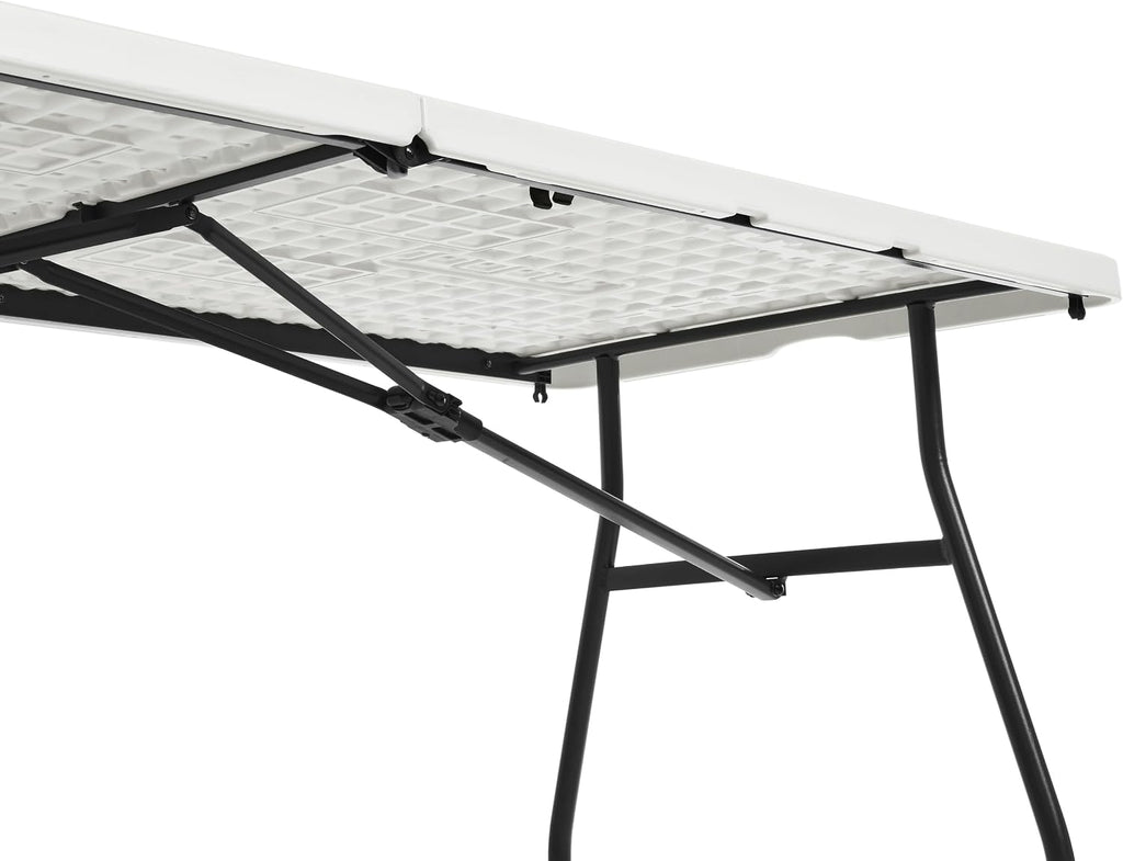 Amazon Basics Heavy Duty Portable Folding Table, 6 ft, Indoor & Outdoor, Fold-in-Half Design with Carrying Handle, White | Portable