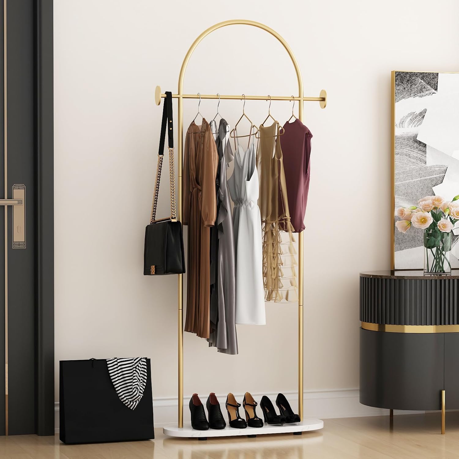 Gold Clothing Rack with Marble Base, Modern Gold Coat Racks Freestanding with 2 Hooks, Heavy Duty Clothes Rack, Coat Rack Stand for Entryway, Bedroom, Living Room, Boutiques