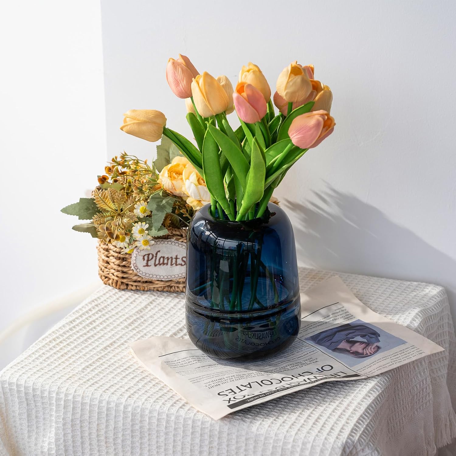 Relexome Blue Glass Flower Vase for Centerpieces Flowers 6.7 Inch Round Modern Glass Bud Vase Decorative Vases for Home Decor, Living Room, Dining Table, Entryway, Shelf, Office