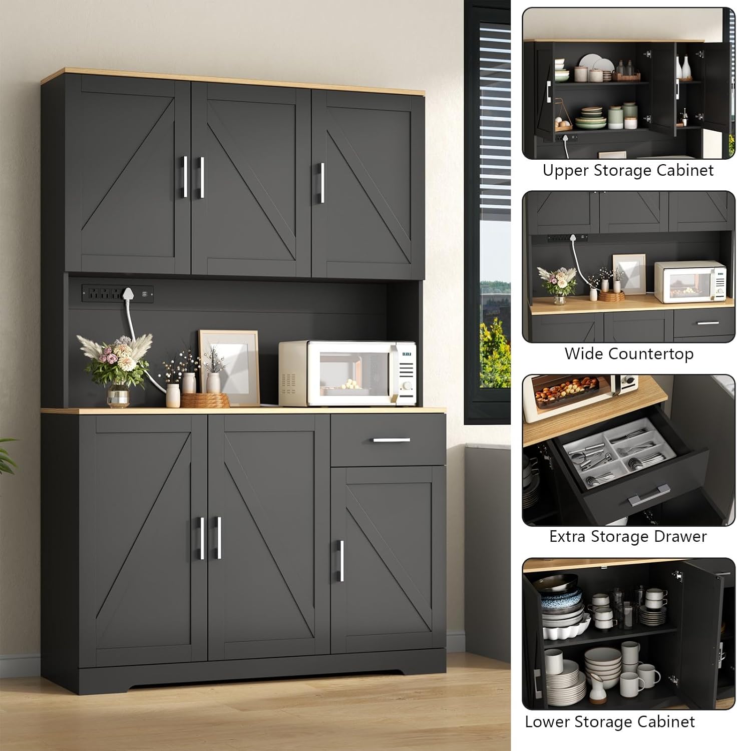 71" Tall Kitchen Pantry Storage Cabinet with Charging Station,Farmhouse Buffet Cabinet with Microwave Shelf,Large Kitchen Hutch Cabinet Doors & Drawer,Food Pantry for Dining Room,Living Room (Black)