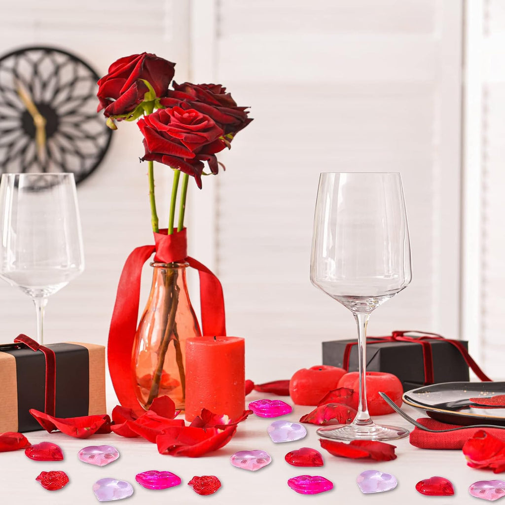 Deekin 240 Pcs Mini Heart Vase Filler Acrylic Table Scatter Heart Ornaments Mini Lips Small Rose Flower Beads Table Scatter for Engagement Wedding Anniversary Party