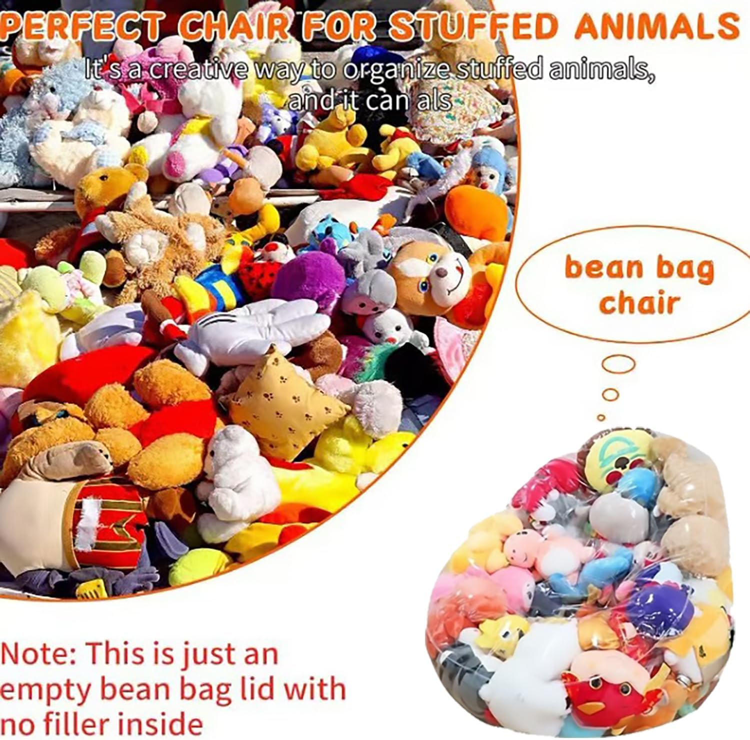 Clear Stuffed Animal Storage Bean Bag Chair for Kids 150L PVC Waterproof Toy Organizer Bean Bag Chair Cover with Zipper, Easy-Clean Plush Toy Holder Seat for Nursery & Playroom (A)