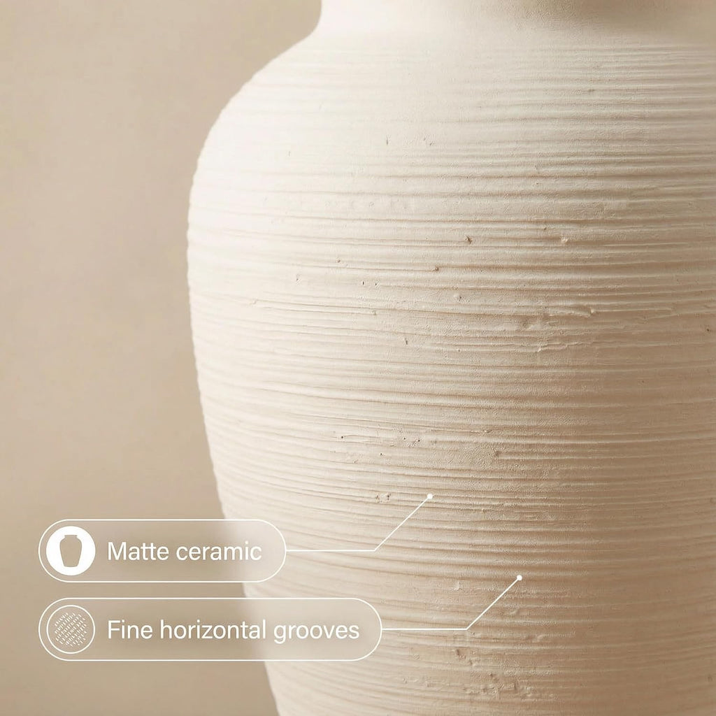 Off-White 10” Ceramic Vase for Home Decor, Farmhouse & Boho Decorative Pottery Vase for Table Centerpiece, Mantel, Shelf, Living Room, Kitchen, and Entryway (White Ribbed - 10" Medium)