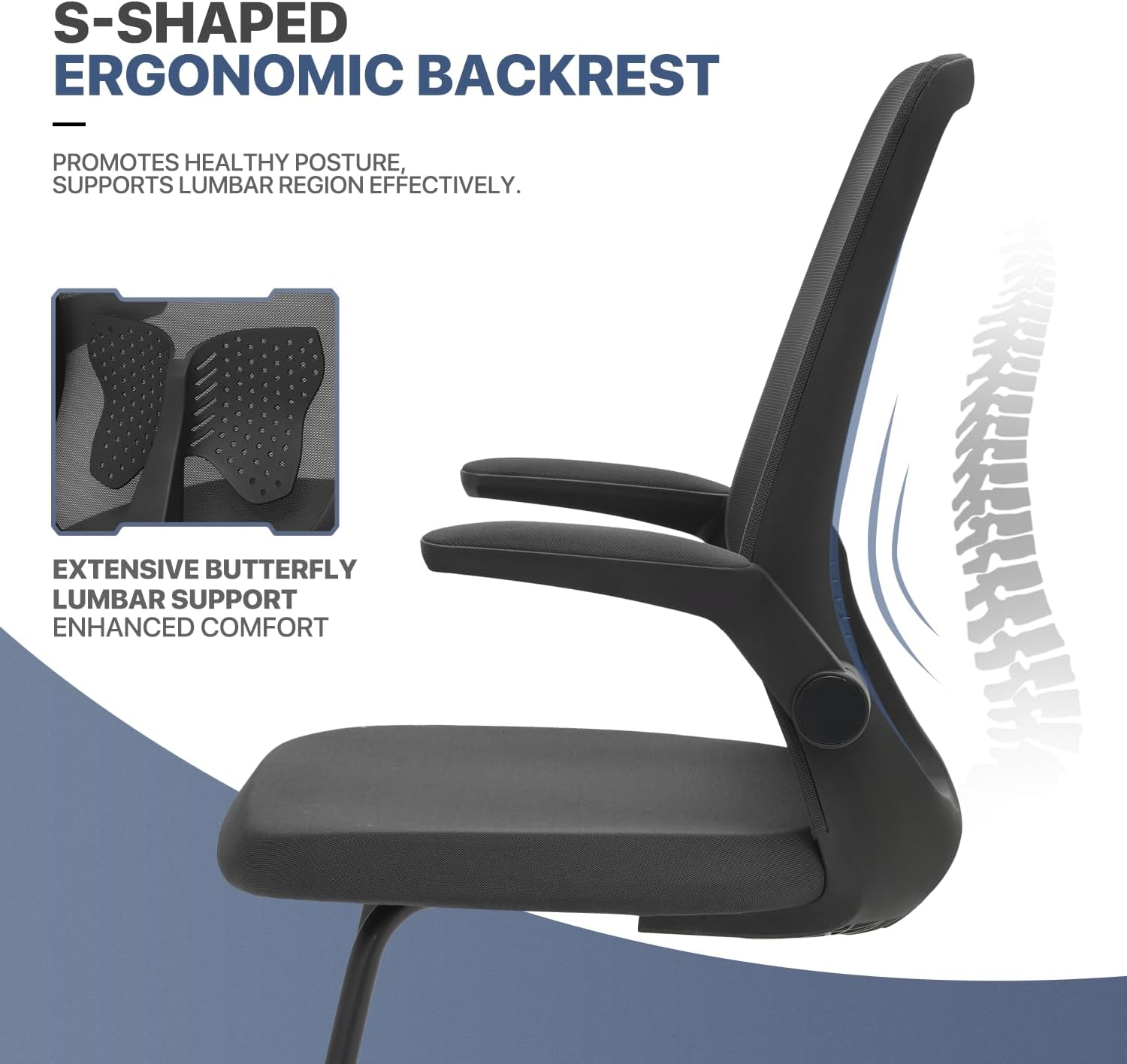 MoNiBloom Office Guest Chair Without Wheels, Executive Reception Chair with Lumbar Support and Sled Base, Mid-Back Mesh Task Chair with Flip-Up Arms for Reception Conference Wait Room, 250 LBS, Black