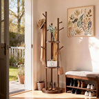 Solid Wood Rotary Coat Rack, Coat Rack Freestanding with 3 Storage Shelves & 9 hooks, Coat Tree for Entryway, Livingroom, Bedroom, Coat Hanger Stand for Coats, Scarves, Handbags, Hat (Walnut)