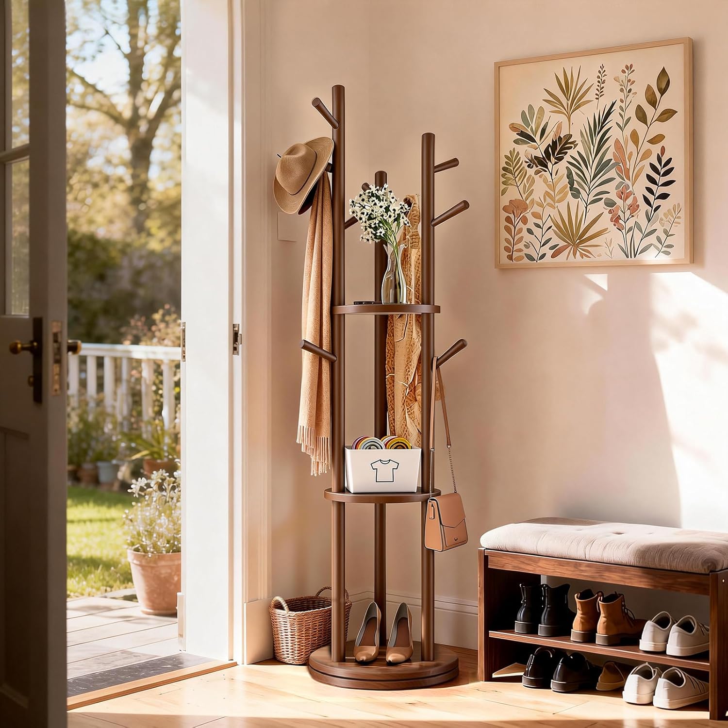 Solid Wood Rotary Coat Rack, Coat Rack Freestanding with 3 Storage Shelves & 9 hooks, Coat Tree for Entryway, Livingroom, Bedroom, Coat Hanger Stand for Coats, Scarves, Handbags, Hat (Walnut)
