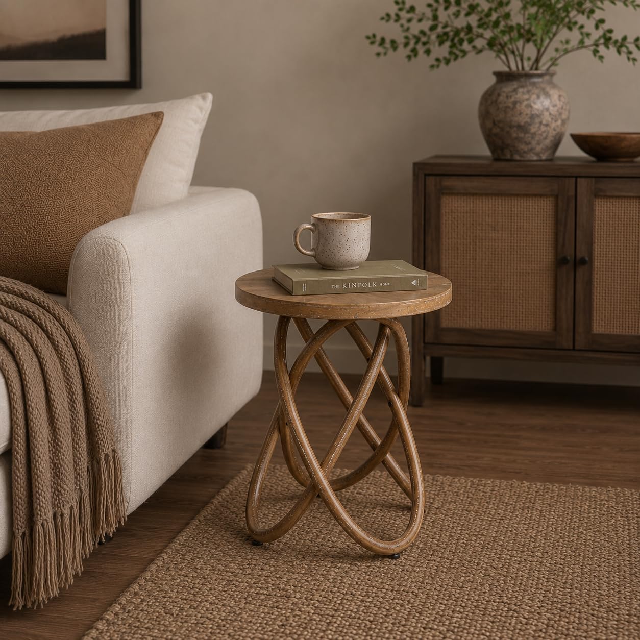 Farmhouse Round End Table with Curved Crossed Base, Natural Brown | Rustic Wood Sofa Side Table, Plant Stand for Living Room, Small Space, Easy Assembly