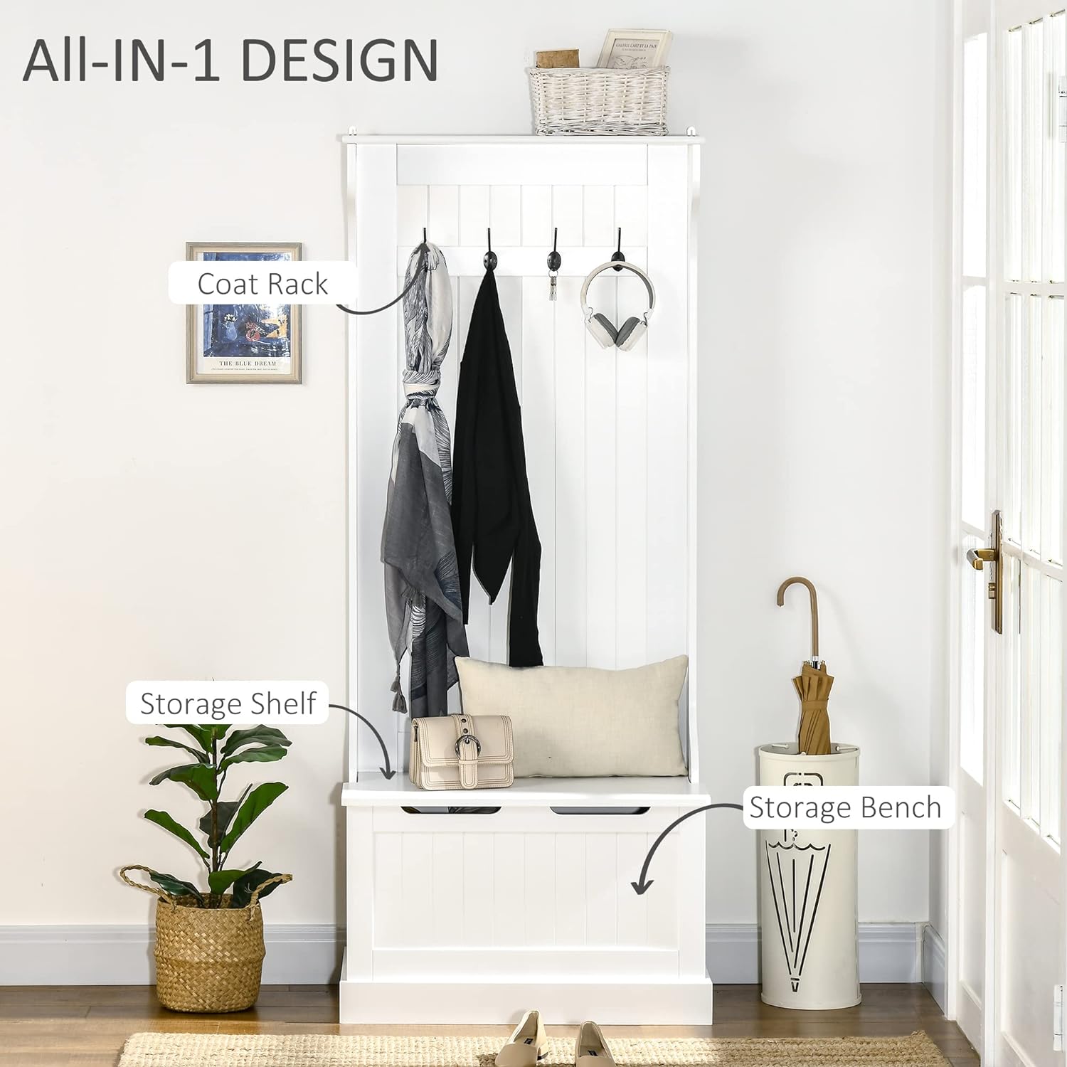 HOMCOM Hall Tree with Bench and Shoe Storage, 3-in-1 Entryway Bench with Coat Rack, 4 Hooks and Flip Top Storage Compartment, White