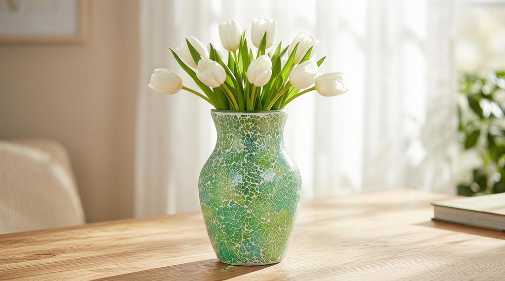 8" Organic Green Mosaic Vase, Heavy Glass Healing Spring Decor Centerpiece, Hand-Pasted Crackle Glass Flower Vase with Anti-Slip Base, Boho Nature Accent for Living Room & Bathroom