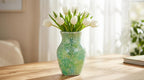 8" Organic Green Mosaic Vase, Heavy Glass Healing Spring Decor Centerpiece, Hand-Pasted Crackle Glass Flower Vase with Anti-Slip Base, Boho Nature Accent for Living Room & Bathroom