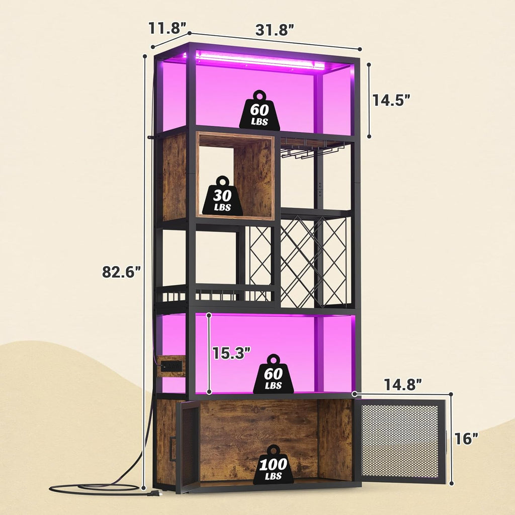 Armocity 82.6" Tall Bar Cabinet with Power Outlets & LED Lights, Liquor Cabinet Bar for Home, Reversible Coffee Station Wine Cabinet with Glass Holder & Wine Rack for Small Space, Rustic Brown