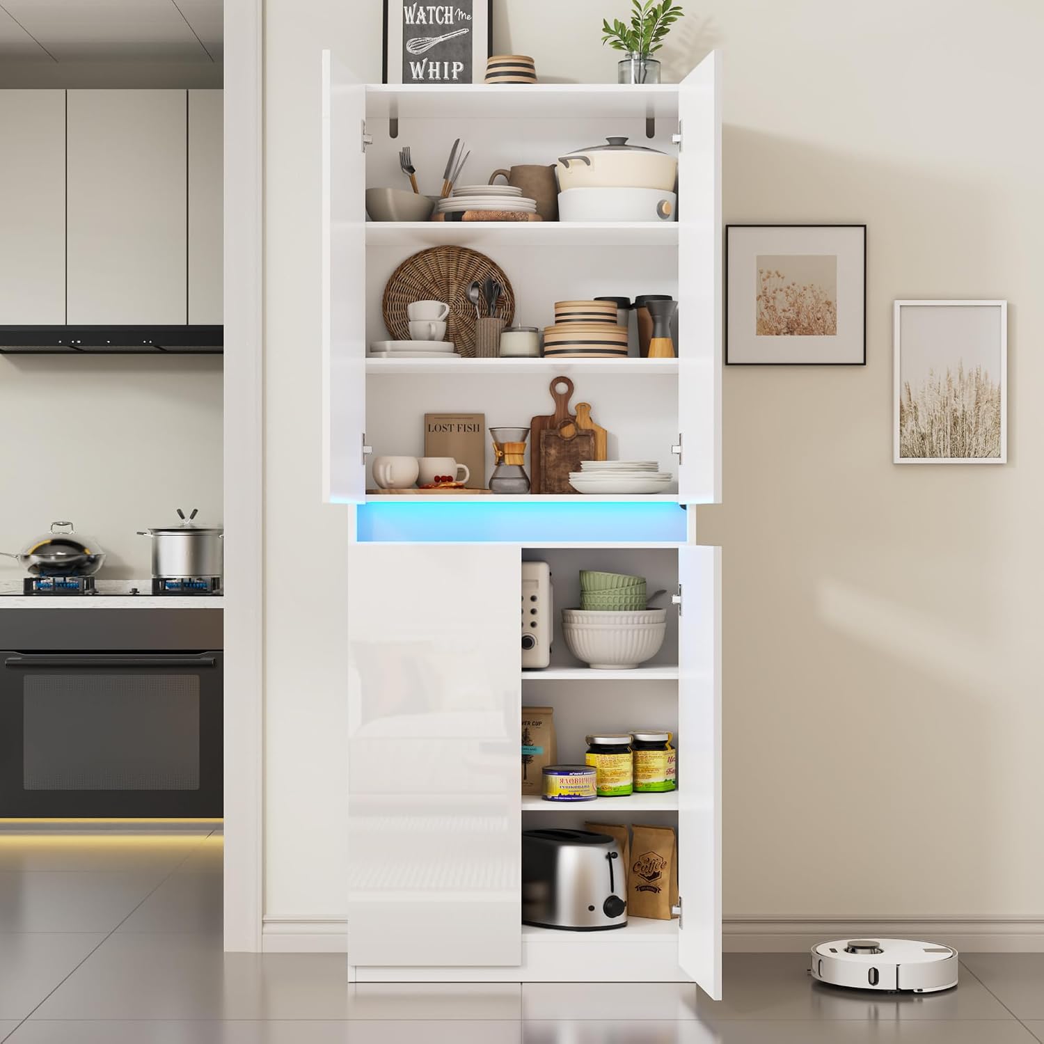 Furnify 71" Tall Pantry Storage Cabinet, Kitchen Pantry with High Gloss Doors, Modern Buffet Hutch Cabinet with Led Light and Adjustable Shelves for Dining Room, Living Room, White
