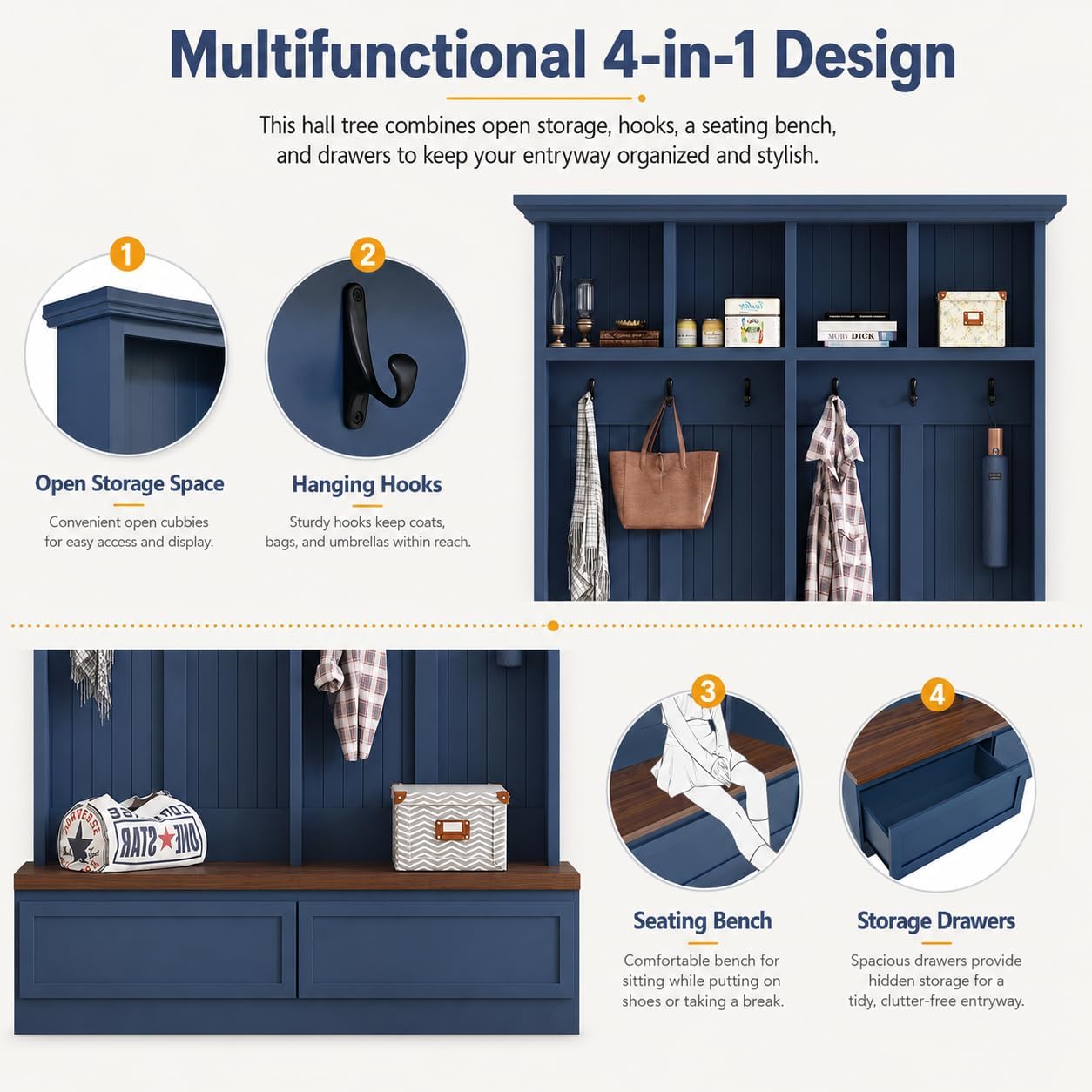 Farmhouse 4-in-1 Hall Tree with Storage Bench, Mudroom Coat Rack with 2 Drawers, Entryway Organizer with Hooks and Shelves, Blue, 55.9 Inch Wide