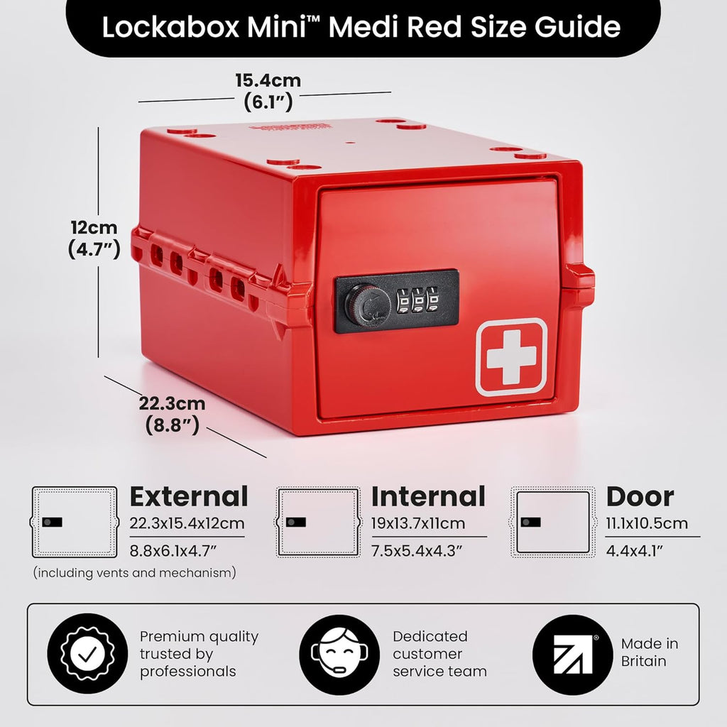 Lockabox Mini™ | Small Medicine Lock Box with Combination Lock (Half Letter Sized) | Mini Medical Lockable Box For Tablets, Creams & Medical Pens | External Size 8.8 x 6.1 x 4.7 Inches (Medi Red)