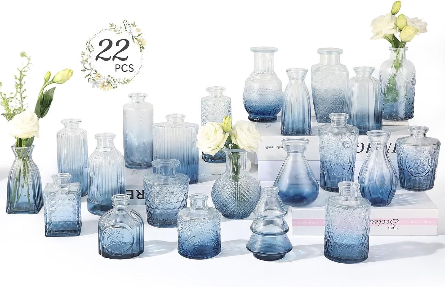 RUCKAE Glass Bud Vases Mini Flower Vase Small Vintage Vases for Centerpiece Table Wedding Decorations Home Decor Party(Gradient Blue 22 Pack)
