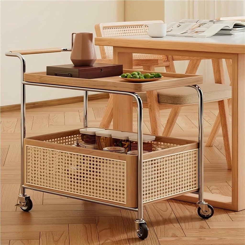 Rattan Side Table with Wheels Rolling 2-Layer Coffee Table Storage End Table Rattan Basket Wood Frame for Living Room Bedroom Long Lasting