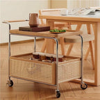 Rattan Side Table with Wheels Rolling 2-Layer Coffee Table Storage End Table Rattan Basket Wood Frame for Living Room Bedroom Long Lasting