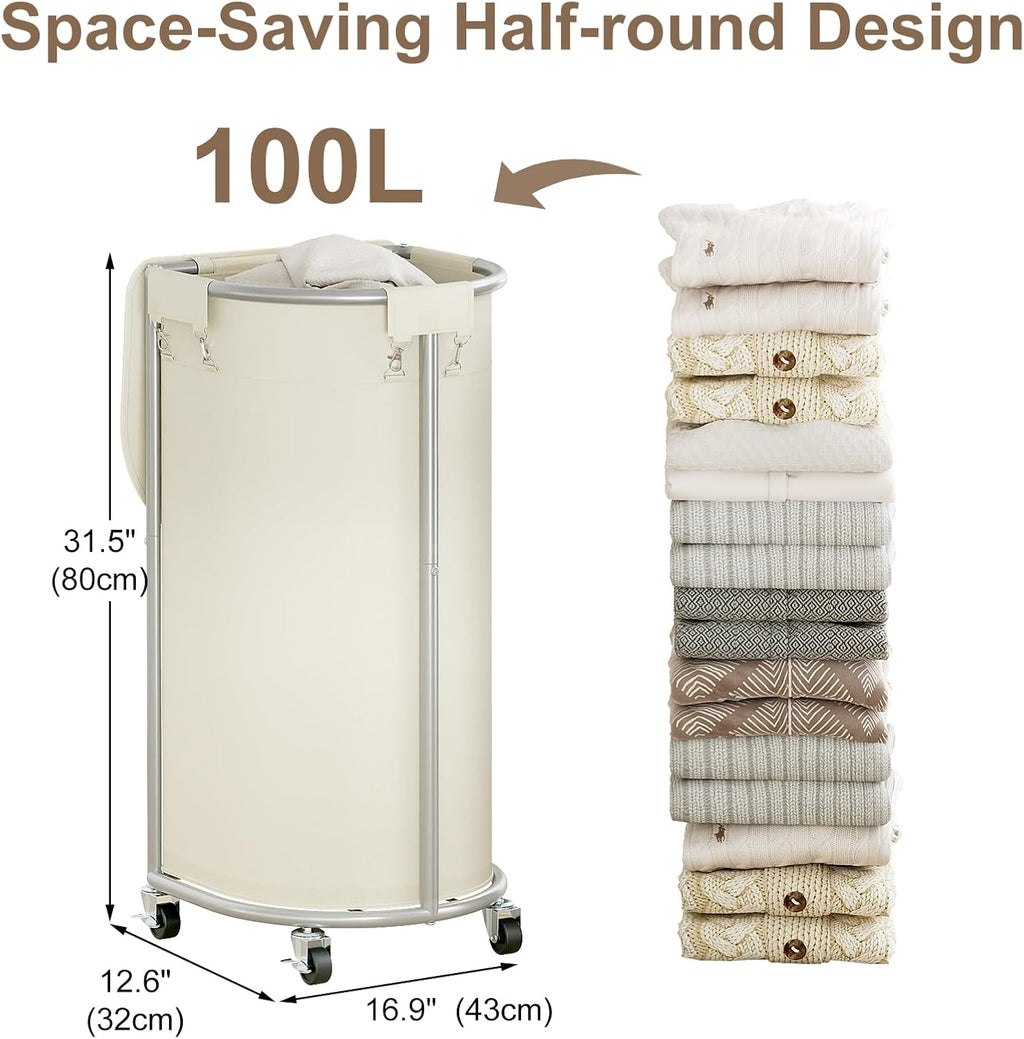 Rolling Laundry Basket with Lid, 100L Laundry Hamper with Wheels, Half Round Laundry Cart with Removable Bag, Sturdy Metal Frame Dirty Clothes Organizer for Bathroom, Bedroom, Beige