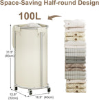 Rolling Laundry Basket with Lid, 100L Laundry Hamper with Wheels, Half Round Laundry Cart with Removable Bag, Sturdy Metal Frame Dirty Clothes Organizer for Bathroom, Bedroom, Beige