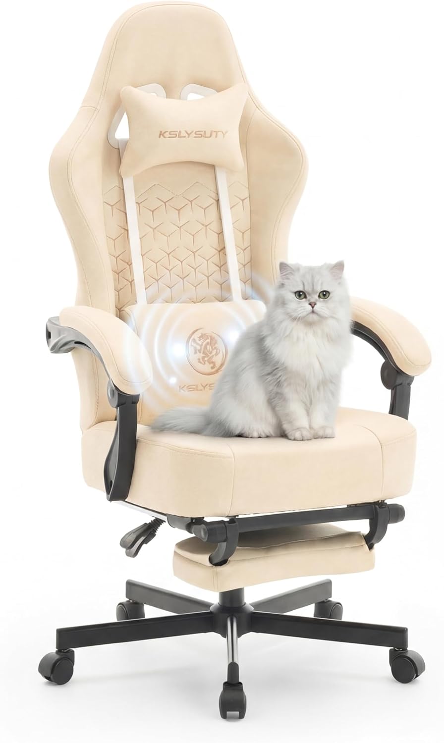 Desk Computer Gaming Chair - Ergonomic Game Office Chair with Extended Footrest and Massage Lumbar Support, Home Gamer Video Game Chairs with Spring Cushion for Adults (Pro Beige Leather)