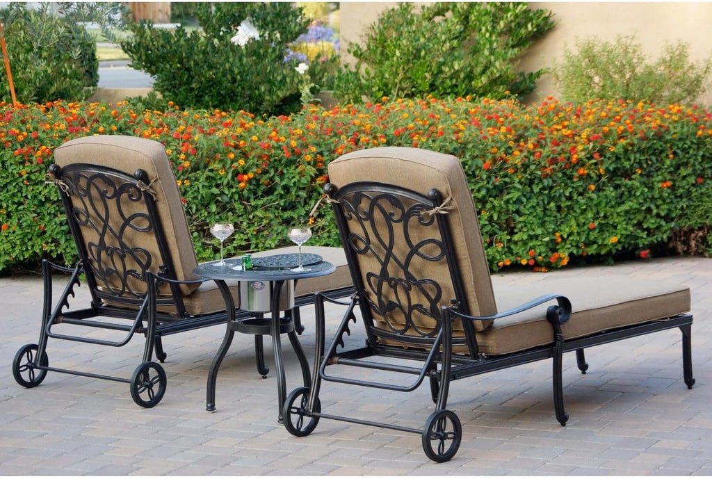 Darlee Santa Monica 3 Pc Cast Aluminum Chaise Lounge Set w/ 24 Inch Ice Bucket End Table & in Antique Bronze/Sesame