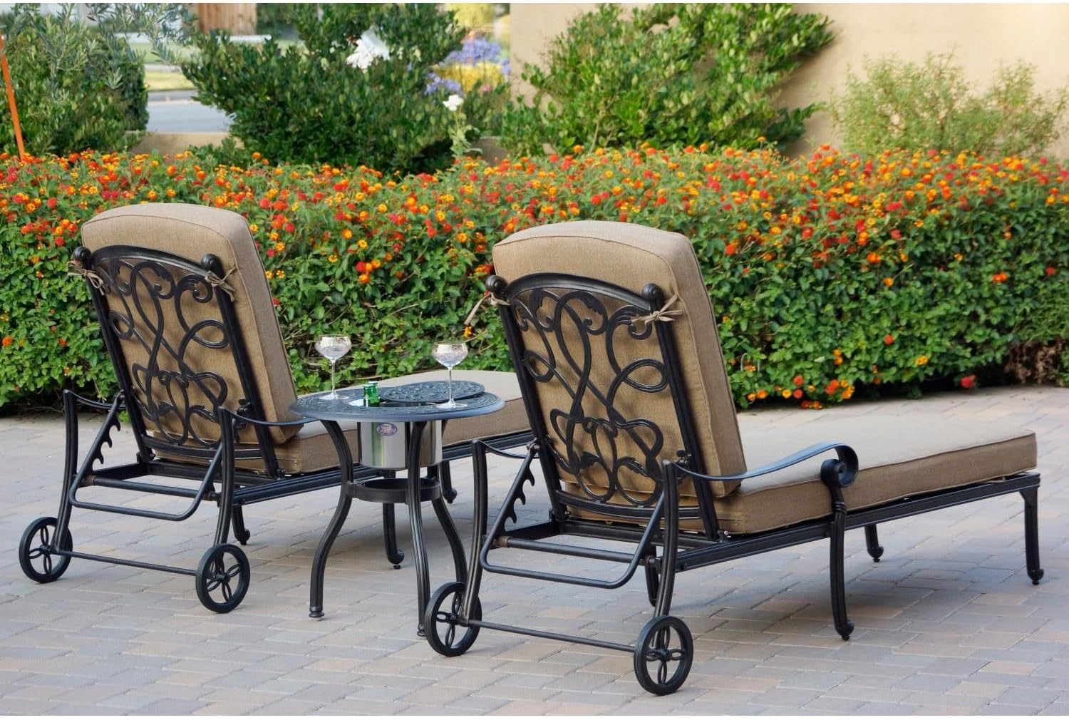 Darlee Santa Monica 3 Pc Cast Aluminum Chaise Lounge Set w/ 24 Inch Ice Bucket End Table & in Antique Bronze/Sesame