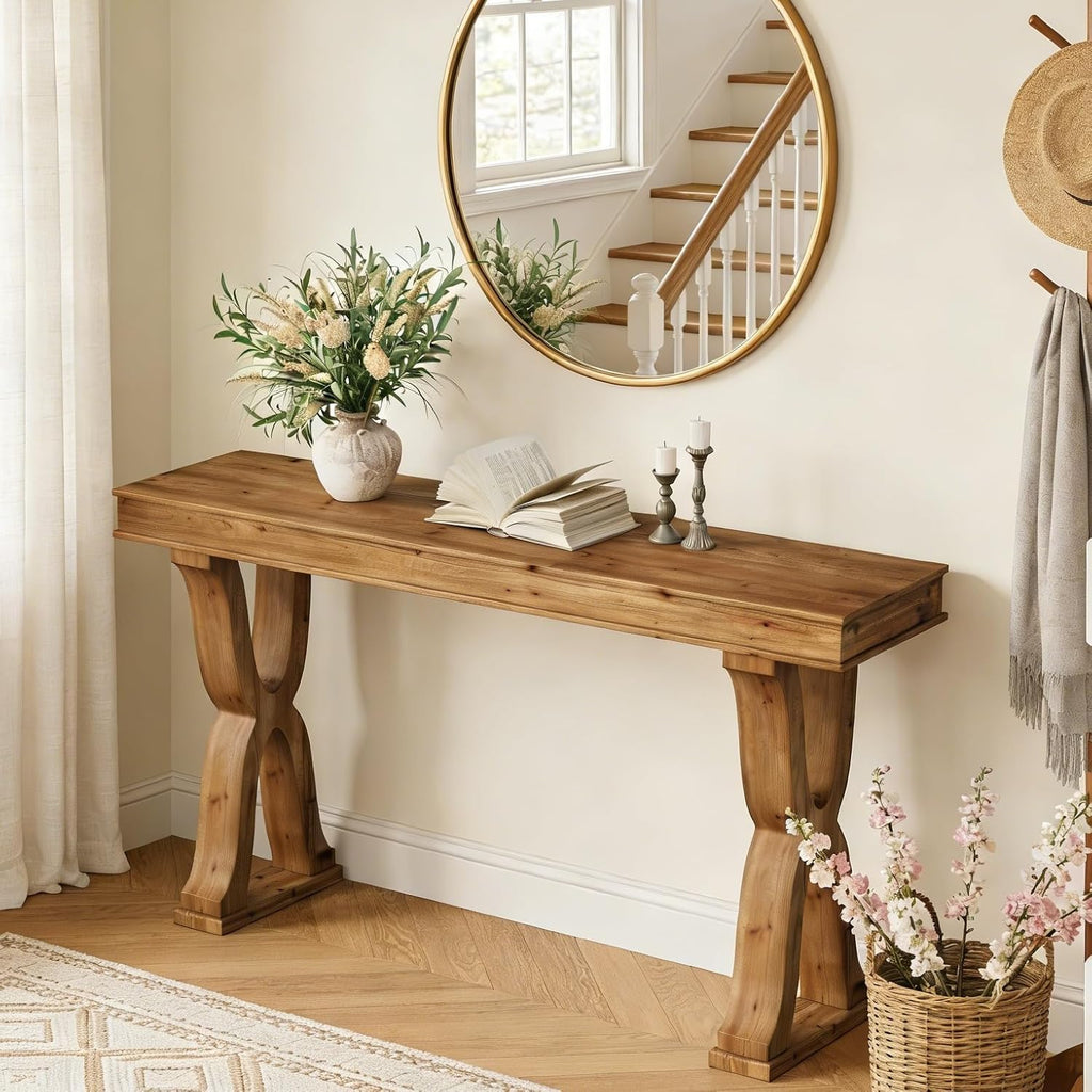 Solid Wood Console Table 63 Inch, Farmhouse Entryway Table with X-Shaped Legs, Narrow Sofa Table Behind Couch for Living Room, Hallway, Foyer, Sturdy & Easy Assembly
