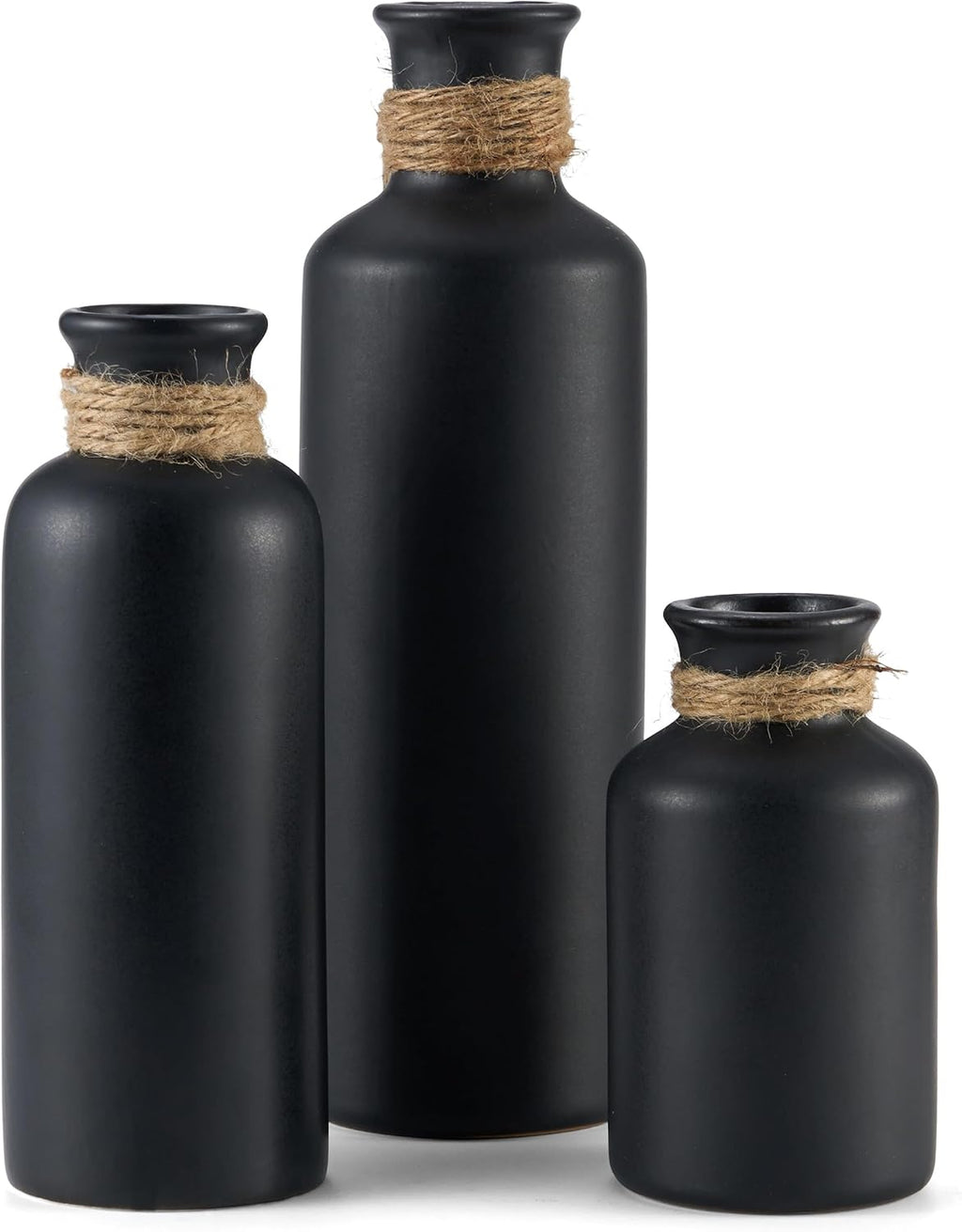 Matte Black Ceramic Vase Set, 3 Pcs Rustic Decorative Vases for Modern Farmhouse Office Home Decor, Living Room Centerpieces Decoration for Table Mantel Entryway Shelves Décor