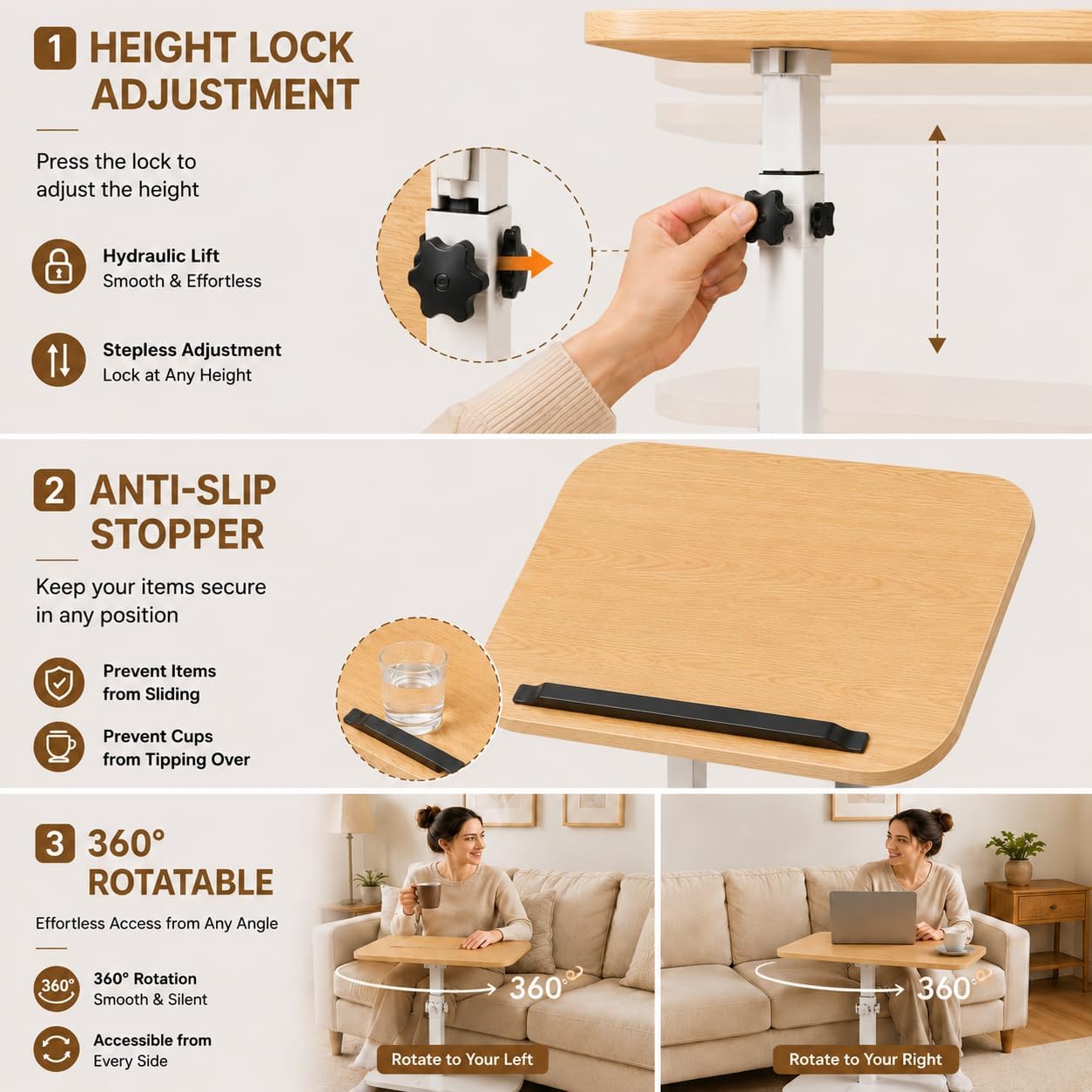 Adjustable C Table End Table, Height Adjustable 360° Swivel TV Tray Table for Small Spaces, Sofa Bedside Laptop Side Table that Slides Under Couch, Living Room & Bedroom (Natural Wood/White)